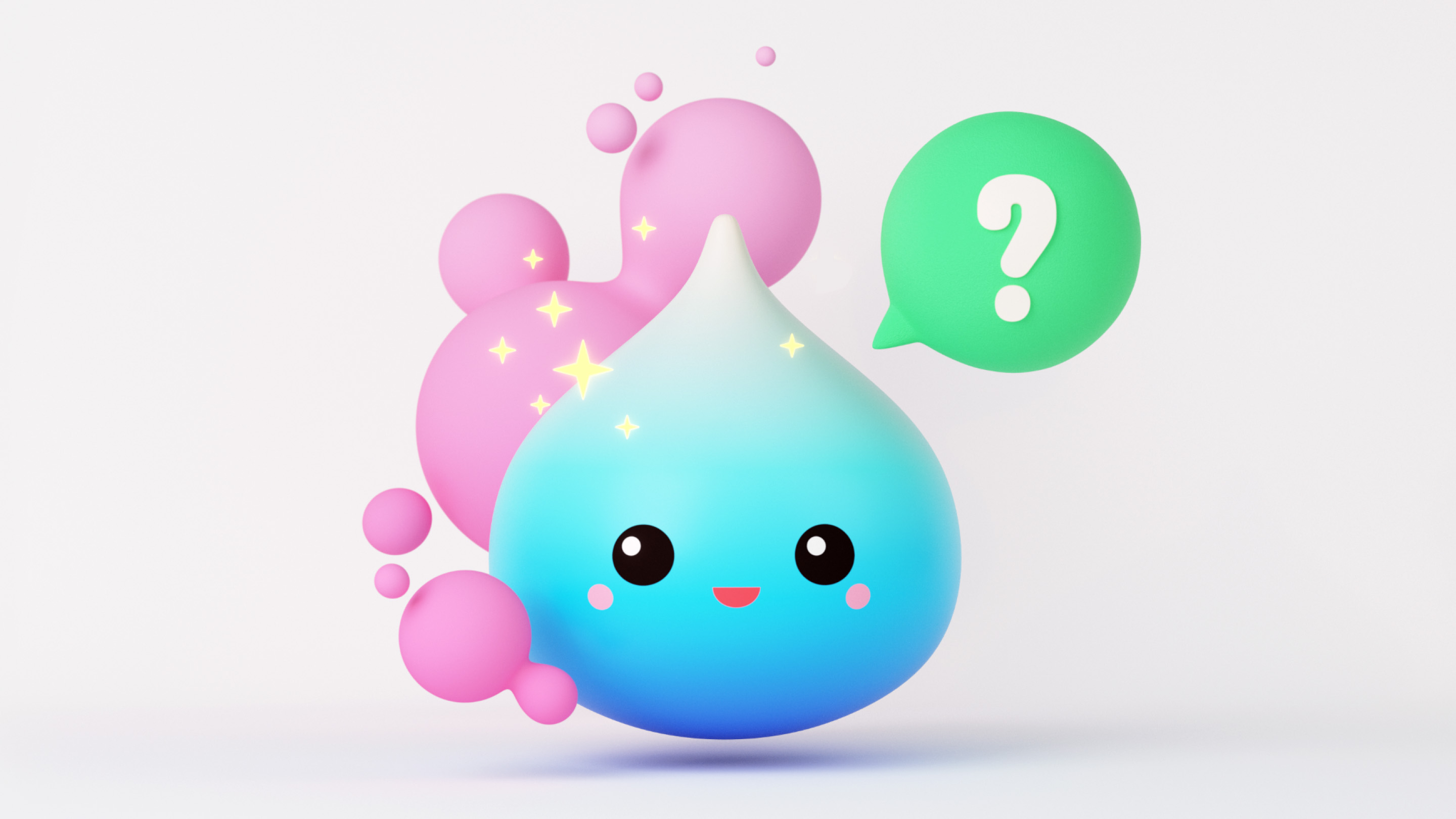 A little thing that looks like a water droplet with eyes. Next to it is a talk bubble with a question mark in it.